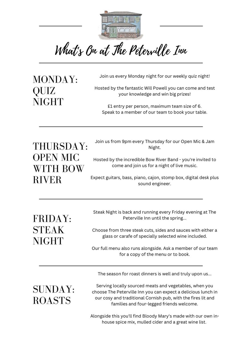 Wondering what’s on at The Peterville Inn? Check out our guide below 👇 

Live music tonight as well with Bow River’s famous open mic and jam night… 🎶

#cornwall #stagnes #pub #supportyourlocal