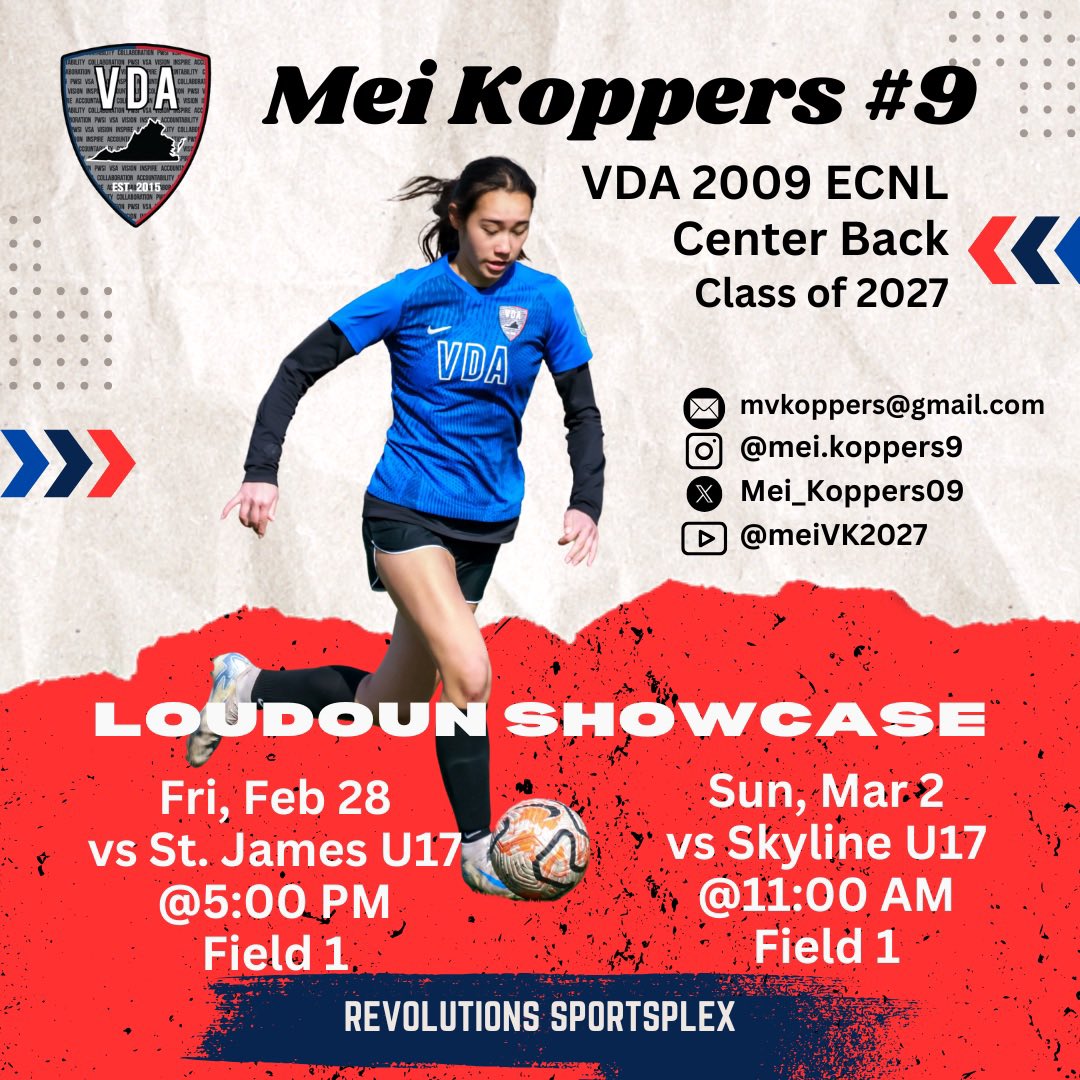 Mei Koppers (@mei_koppers09) on Twitter photo Excited to compete at the Loudoun Showcase!
<a href="/bobbypup/">Bobby Puppione</a> <a href="/vda09ECNL/">VDA09ECNL</a> <a href="/vdasoccer/">Virginia DevAcademy</a> <a href="/ECNLgirls/">ECNL Girls</a> <a href="/TopDrawerSoccer/">TopDrawerSoccer</a> <a href="/PrepSoccer/">Prep Soccer ⚽️</a> <a href="/ImYouthSoccer/">ECNL/GA/Recruiting/College Soccer</a> Excited to compete at the Loudoun Showcase!
<a href="/bobbypup/">Bobby Puppione</a> <a href="/vda09ECNL/">VDA09ECNL</a> <a href="/vdasoccer/">Virginia DevAcademy</a> <a href="/ECNLgirls/">ECNL Girls</a> <a href="/TopDrawerSoccer/">TopDrawerSoccer</a> <a href="/PrepSoccer/">Prep Soccer ⚽️</a> <a href="/ImYouthSoccer/">ECNL/GA/Recruiting/College Soccer</a>