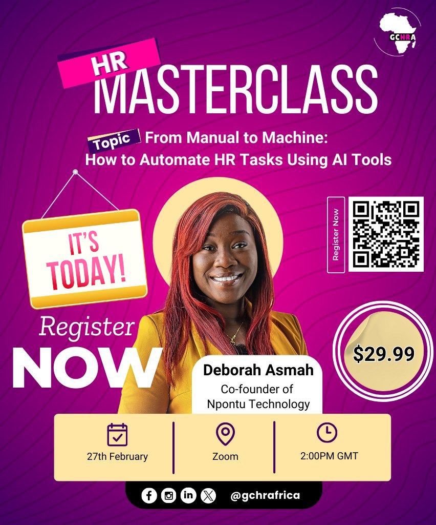 Npontu's tweet image. 🚨 Today’s the Day! 🚨

Join Deborah Asmah live at 2 PM GMT for the ultimate HR automation masterclass! 🚀

✨ Automate tasks, boost efficiency &amp;amp; make smarter decisions!
🎟 Last chance: Use "MasterclassByDeborah" for 10% off!

👉 lnkd.in/dSRt6jXf

#HRMasterclass #AIinHR