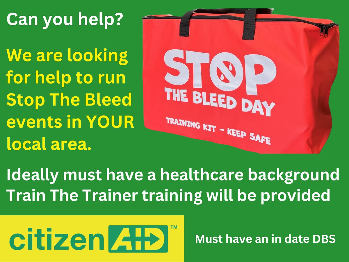 Can you help? We are looking for help to run some #StopTheBleed events in YOUR local area. We need more healthcare professionals, first aid trainers, and voluntary organisation first aiders to help us run some public sessions in your local area. Email mike.robinson@citizenaid.org