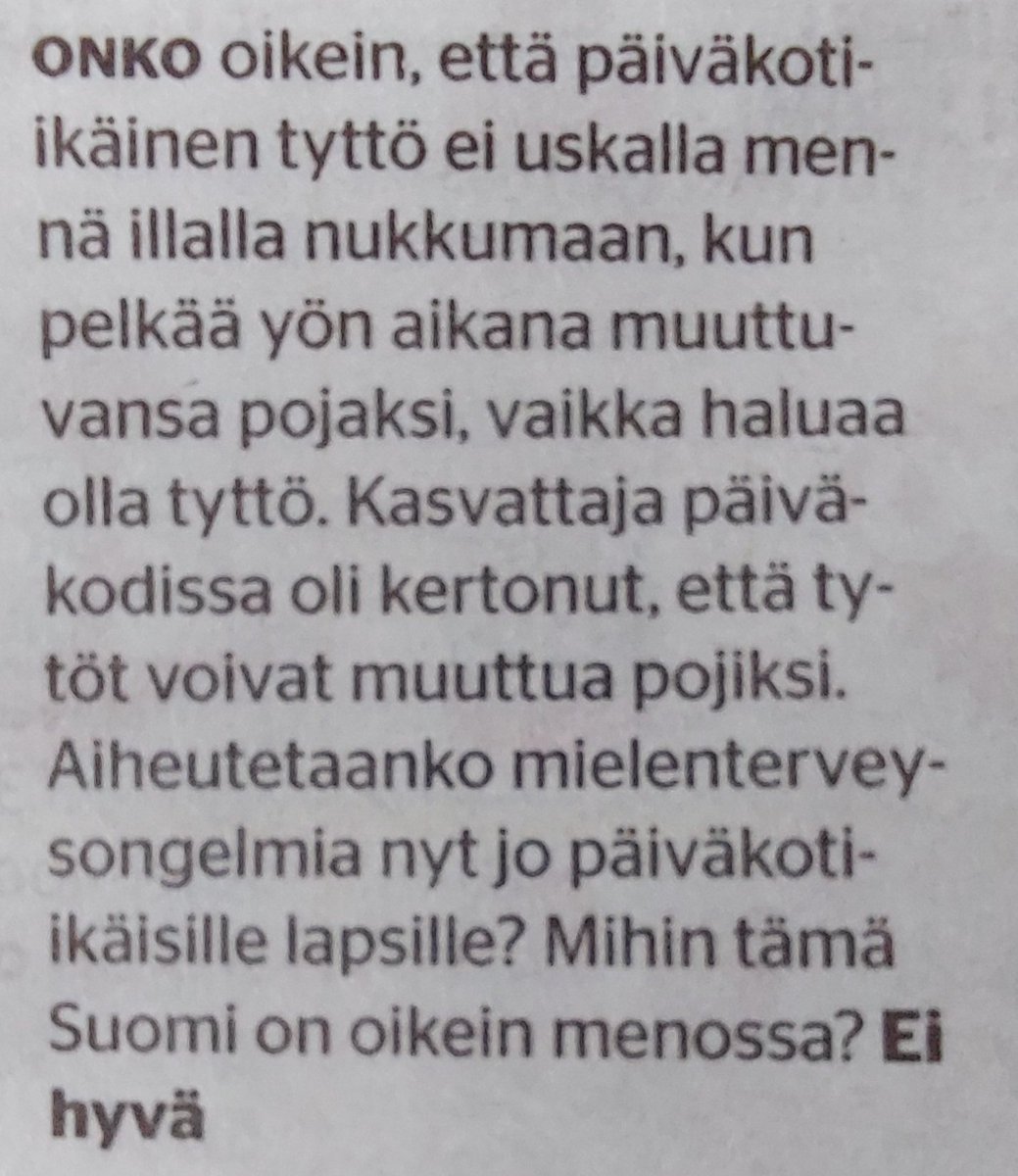 launonen_antti's tweet photo. Ote oululaisen Forum24 -paikallislehden tekstaripalstalta.

On todella surullista, että inkluusion ja suvaitsevaisuuden nimissä aiheutetaan pienille lapsille sukupuoliahdistusta.

Jättäkää nyt edes päiväkoti-ikäiset rauhaan, ja antakaa lasten olla lapsia. https://t.co/5gZPrp3bYB