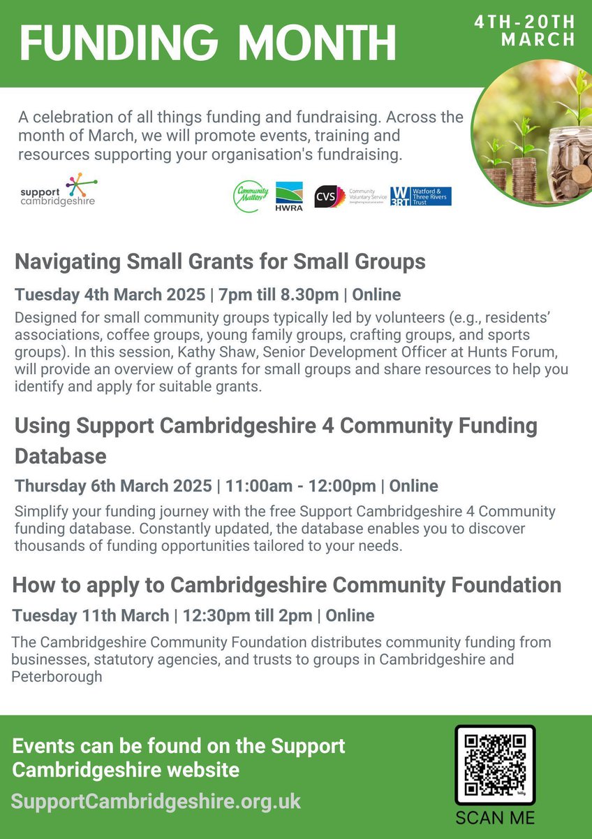 First 3 events coming up for Funding Month!

Navigating Small Grants for Small Groups 
4 March
 buff.ly/4gqgdJ6

Using the Support Cambridgeshire 4 Community Funding Database 
6 March
buff.ly/415mohl

<a href="/cambscf/">Cambridgeshire Community Foundation</a> Overview 
11 March
buff.ly/4gwjOVS