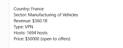 🚨🔴CYBERALERT, 🇫🇷FRANCE🔴| Les ventes d'accès à de multiples entreprises françaises se multiplient

Les fuites de données personnelles sont légion en France ces dernières semaine.

Souvent, à leur origine, des comptes d'employés compromis par des infostealers.

Pour les "gros
