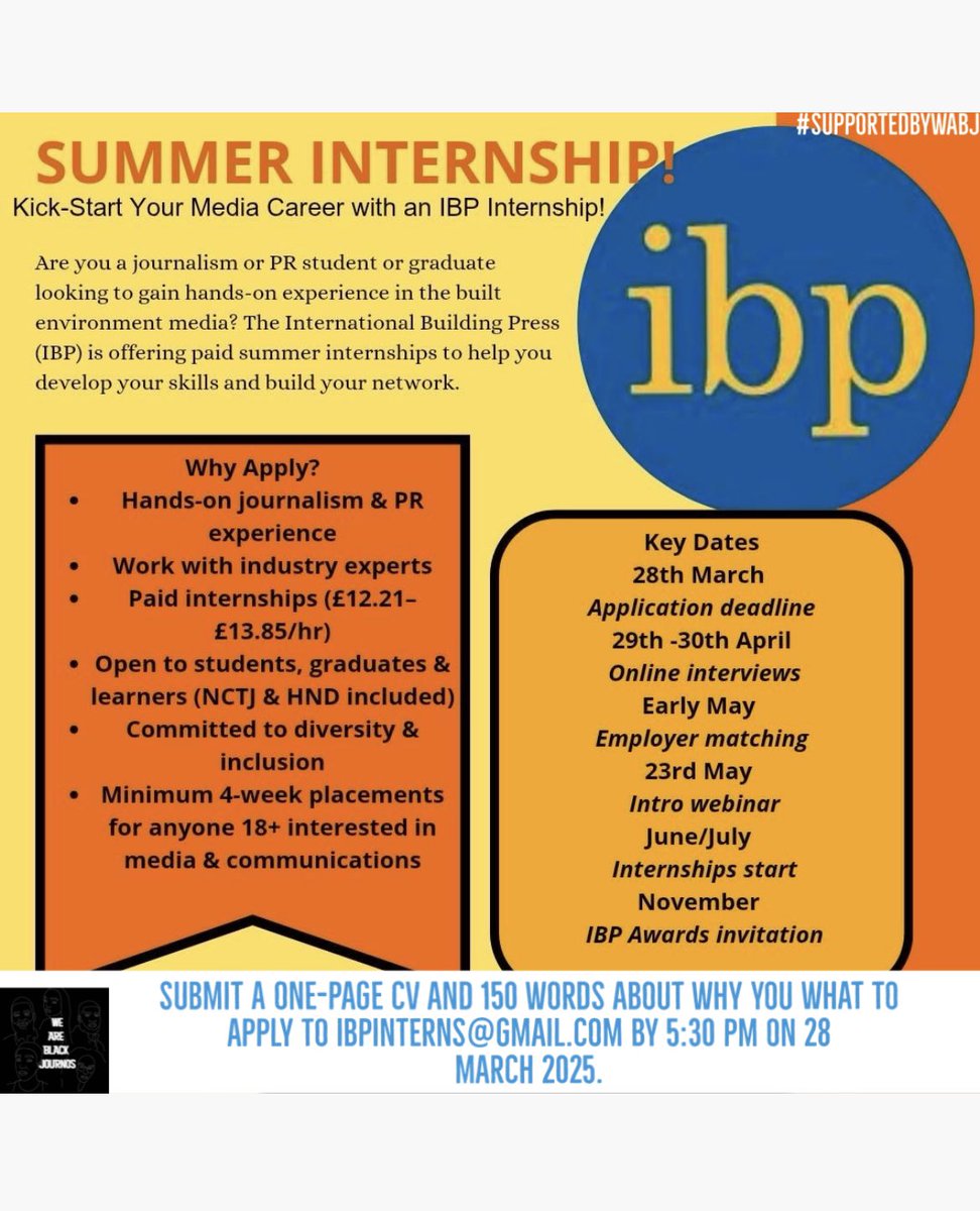 weblackjournos's tweet image. 🚨SUMMER INTERNSHIP ALERT📣

We’re delighted to share this opportunity on behalf of the International Building Press (IBP)!

If you’re a student or graduate of a journalism or PR course and fancy working in the built environment media, check this out!
