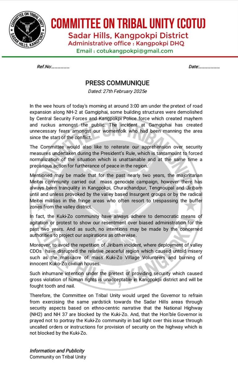 WindofChange202's tweet photo. Manipur : CoTU condemns Central Security Forces &amp; Kangpokpi Police's demolition of buildings in Gamgiphai for road expansion, demands Governor of Manipur to stop portraying Kuki community negatively. https://t.co/OyniSfOZ6m
