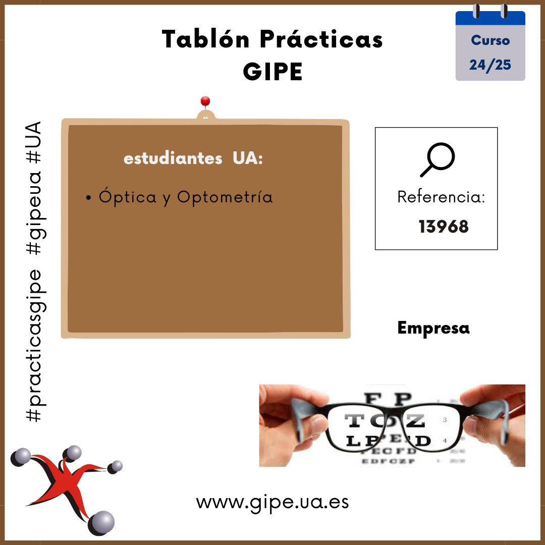 GIPE (@gipeua) on Twitter photo Tablón de ofertas de Prácticas:
Estudiante Grado Óptica y Optometría (Novelda)
gipe.ua.es/es/tablon-de-o…
<a href="/Ciencias_UA/">CienciasUA</a> <a href="/DelcienciasUA/">Delegación Estudiantes de Ciencias UA</a> #practicasgipe #gipeua #UA Tablón de ofertas de Prácticas:
Estudiante Grado Óptica y Optometría (Novelda)
gipe.ua.es/es/tablon-de-o…
<a href="/Ciencias_UA/">CienciasUA</a> <a href="/DelcienciasUA/">Delegación Estudiantes de Ciencias UA</a> #practicasgipe #gipeua #UA