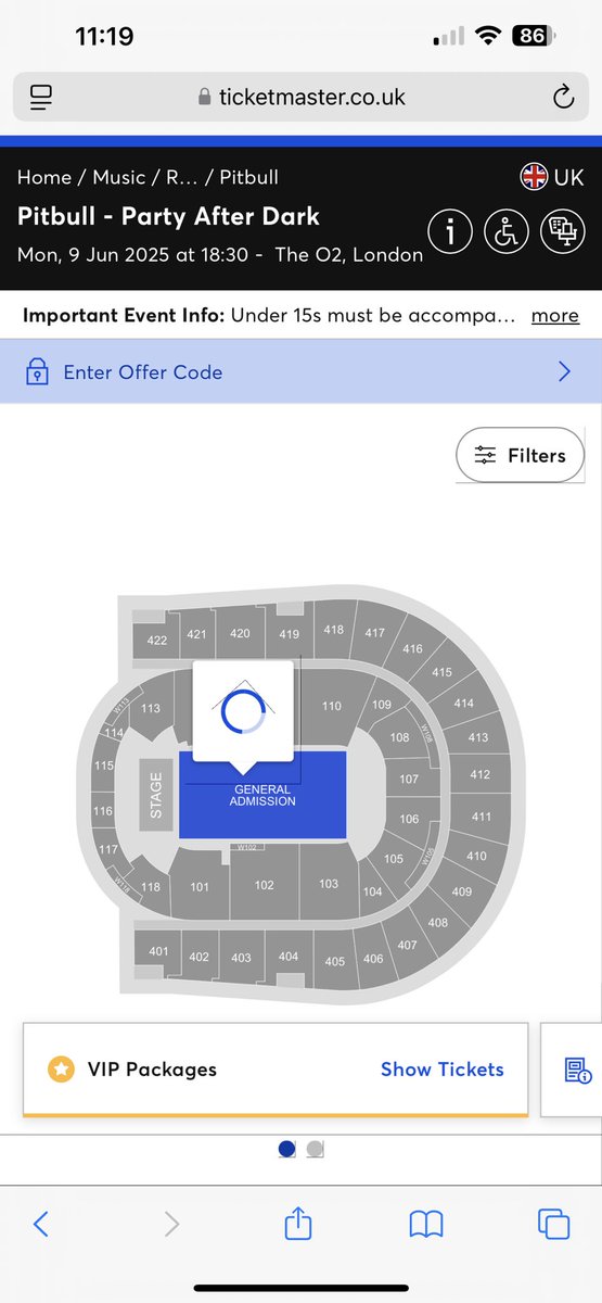 Smythy_D's tweet photo. @TicketmasterCS there’s seats available at Pitbull presale but when I click on them all I get is a loading screen??? Why can’t I go through with them https://t.co/UMY3jPT5hh