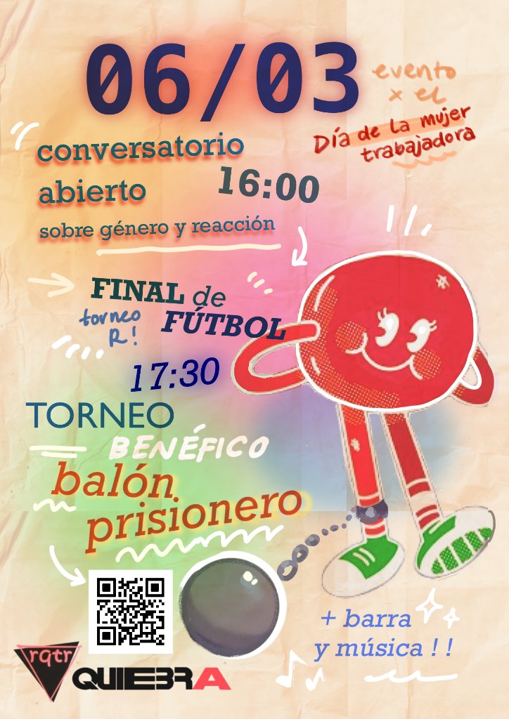 💥Este jueves 6 de marzo tenemos evento con <a href="/rqtr/">rqtr</a> en Somosaguas por el día de la mujer trabajadora.
Habrá conversatorio sobre el auge reaccionario y los ataques a mujeres trans y migrantes, final del torneo de fútbol, balón prisionero benéfico, barra y música. ¡No os lo perdáis!