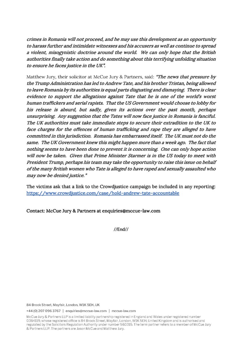 PRESS RELEASE 🚨: Victims of Andrew Tate 're-traumatised' as he flees justice for America 👇