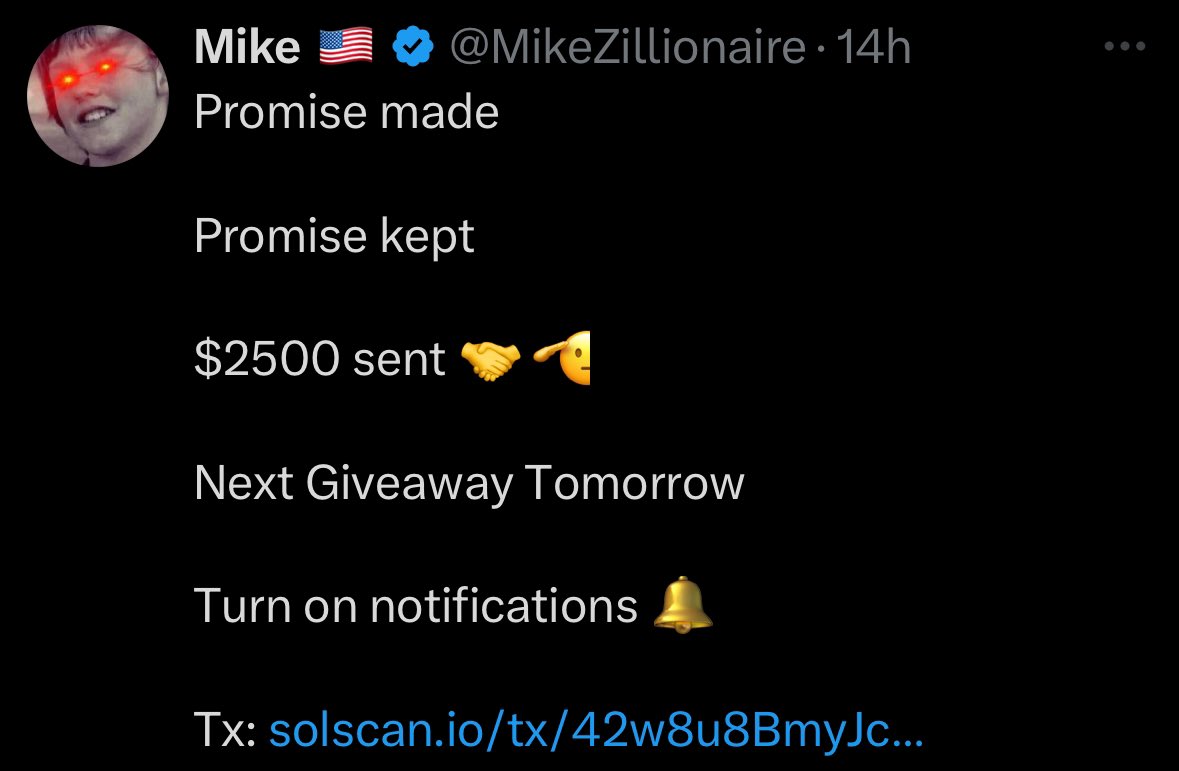MikeZillionaire's tweet photo. I sent $2500 yesterday 

I will giveaway $2000 more today

Just drop your $SOL wallet and follow me so that I can DM when you win. https://t.co/nzNBgBcMVt