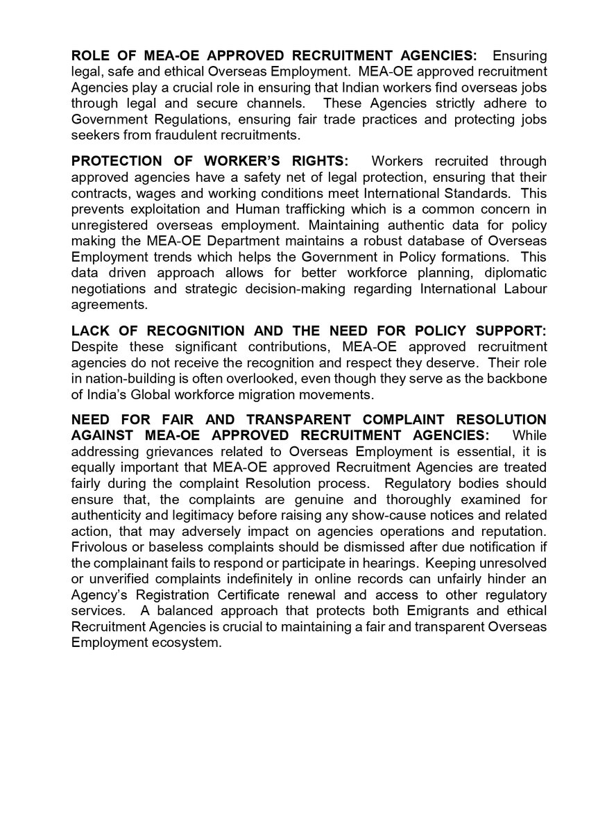 abdulkareem_vs's tweet photo. Empowering India’s Global Workforce: The Role of MEA-OE Approved Recruitment Agencies 🌍💼

India’s MEA-OE approved recruitment agencies play a vital role in connecting skilled professionals with overseas opportunities while ensuring legal, safe, and ethical employment. These agencies contribute immensely to the economy by facilitating foreign remittances, reducing unemployment, and supporting livelihoods.

However, despite their significant impact, they often go unrecognized and face challenges such as unfair complaint handling and lack of policy support. To strengthen India’s workforce migration, we need transparent regulations, fair grievance redressal, and strict action against unauthorized recruiters.

Recognizing and supporting these agencies will ensure a structured, ethical, and globally competitive workforce. It’s time for government and public support to acknowledge their contribution to nation-building.

#EthicalRecruitment #GlobalWorkforce #MEAApproved #OverseasEmployment #IndianEconomy #WorkAbroad #FairEmployment