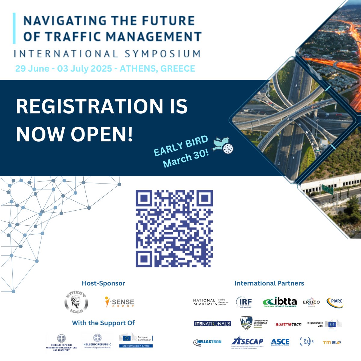 🚦#TMSymposium2025 - The leading #TrafficManagment event meets in Athens!  
🐦Early bird passes available until March 15! 🔗eventora.com/en/Events/navi… 
📆29 June - 3 July 2025 
📍#Athens #Greece
Join us for keynotes, panels, #networking &amp; #TechExhibitions! ℹ️traffic-management-symposium-2025.com
