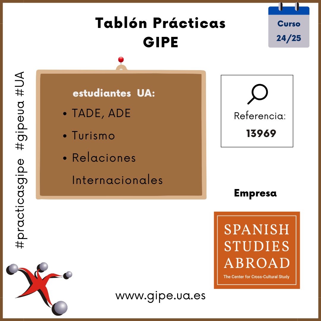 GIPE (@gipeua) on Twitter photo Tablón de ofertas de Prácticas:
Estudiante Grado Relaciones Internacionales, Turismo, ADE, TADE (UA)
gipe.ua.es/es/tablon-de-o…
<a href="/LletresUA/">LletresUA</a> <a href="/AFLUA2/">AFLUA/SAO</a> <a href="/GradoTurismoUA/">Turismolog@s UA</a> <a href="/Gradoturismoua1/">Gradoturismoua</a> <a href="/grintur_ua/">Planificación y Gestión Sostenible del Turismo UA</a> <a href="/EnglishUA/">Estudios Ingleses UA</a> <a href="/delegaletras/">Delegación Letras</a> #practicasgipe #gipeua #UA Tablón de ofertas de Prácticas:
Estudiante Grado Relaciones Internacionales, Turismo, ADE, TADE (UA)
gipe.ua.es/es/tablon-de-o…
<a href="/LletresUA/">LletresUA</a> <a href="/AFLUA2/">AFLUA/SAO</a> <a href="/GradoTurismoUA/">Turismolog@s UA</a> <a href="/Gradoturismoua1/">Gradoturismoua</a> <a href="/grintur_ua/">Planificación y Gestión Sostenible del Turismo UA</a> <a href="/EnglishUA/">Estudios Ingleses UA</a> <a href="/delegaletras/">Delegación Letras</a> #practicasgipe #gipeua #UA