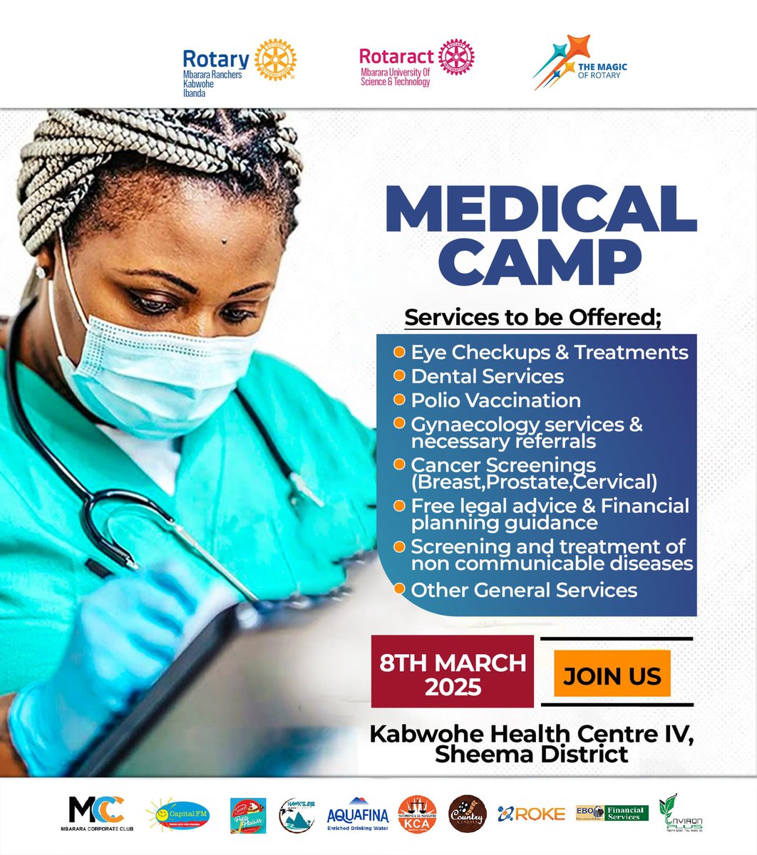 RC Mbarara Ranchers invites you for a Medical Camp scheduled for 08th March, 2025 at Kabwohe HC IV. 

The Medical Camp will offer a wide range of services like eye checkups, treatments, dental services, gynecology,  cancer screenings, screening and treatment of non-communicable -