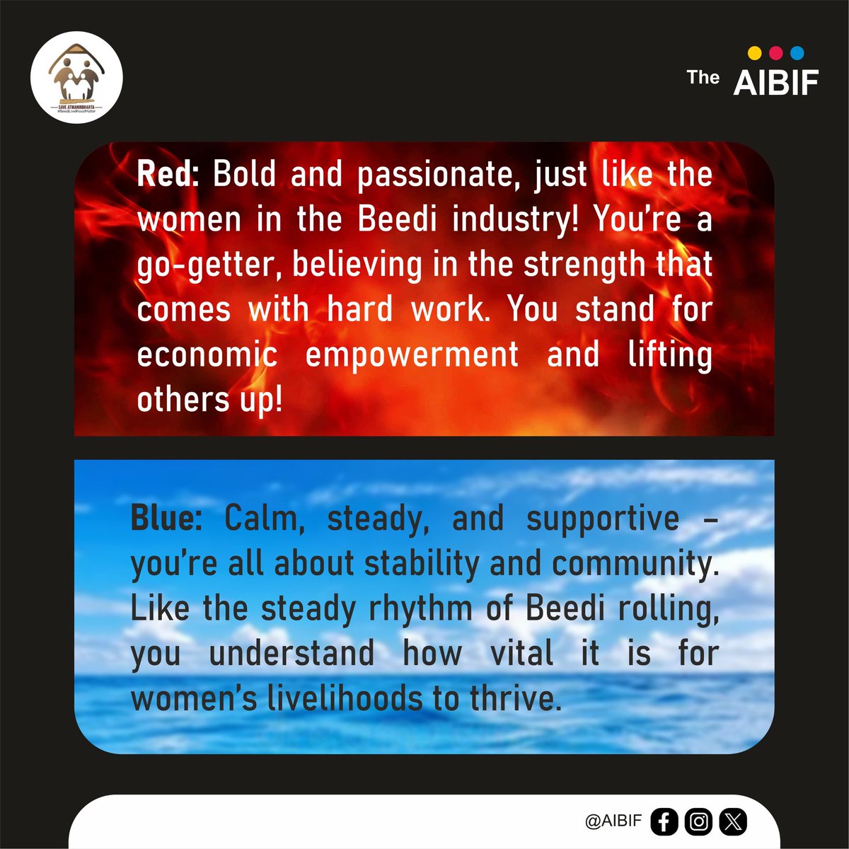 BeediLivelihood's tweet image. What’s your color? And how do you see its impact on beedi workers? Let’s talk! 👇✨
Every shade tells a story, just like the women in the beedi industry – painting the world with strength, resilience, and economic vitality.

#ColorPersonality #BeediLivelihood #SupportWomen