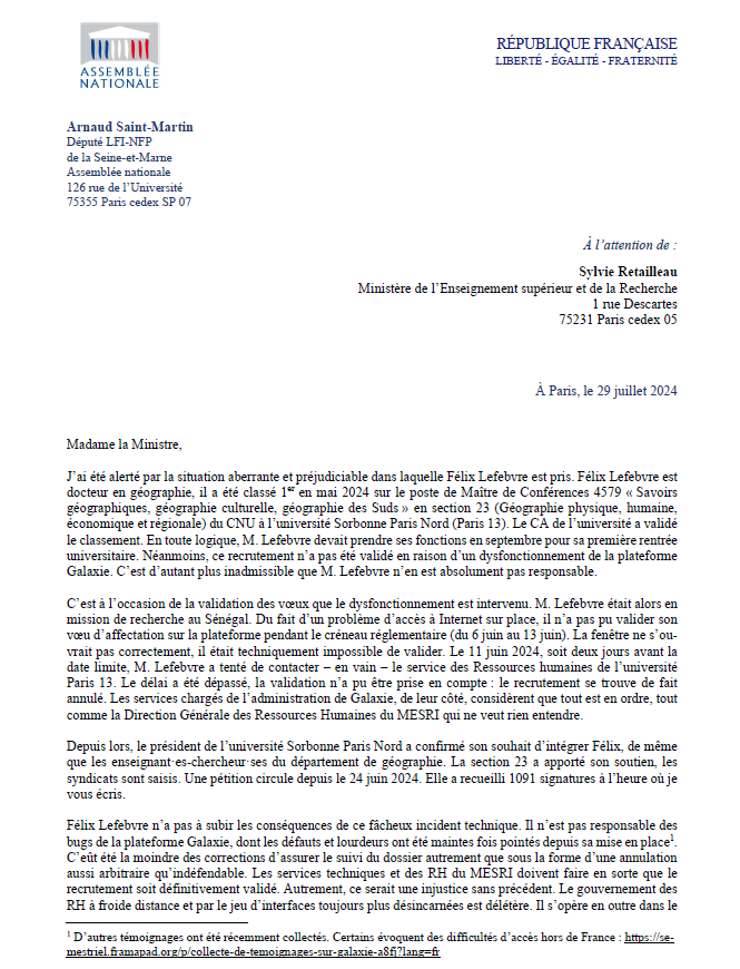ArSaint_Martin's tweet photo. PS : on se rappelle du non recrutement scandaleux de Félix Lefebvre comme MCF, à cause d'un bug de Galaxie. J’ai alerté la ministre : zéro réponse. Il s'est engagé dans une action en justice, mais il a un mur en face de lui. J'espère de tout coeur qu'il sera recruté cette année. https://t.co/URSMAsH7dm