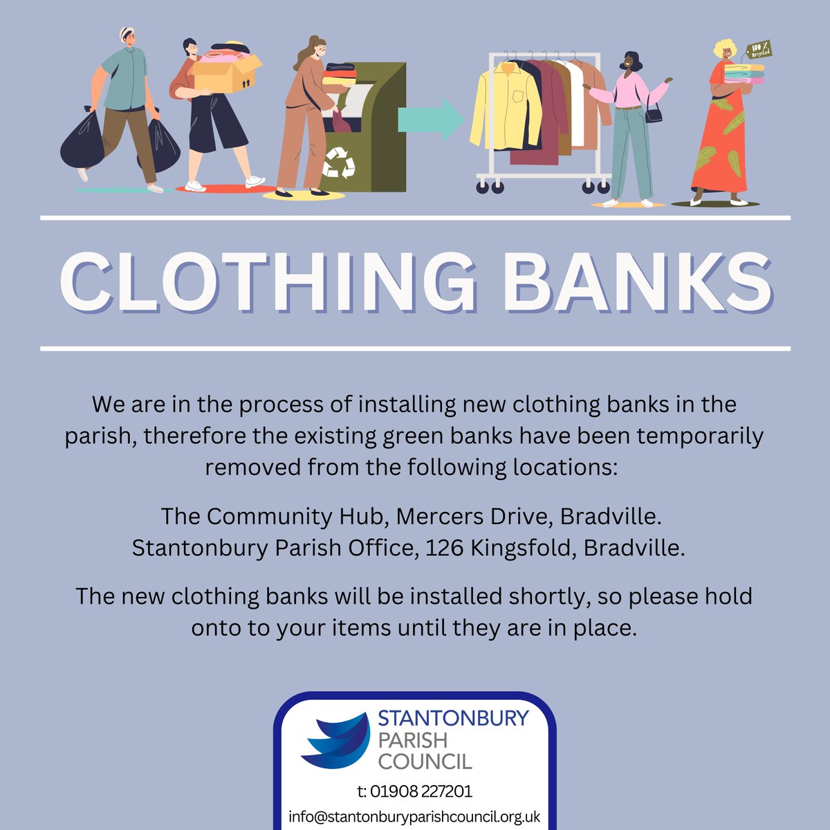 We are currently in the process of updating our clothing banks so both have been temporarily removed while we install the new ones but keep those donations to hand so we can fill the new banks up as soon as they are ready!

#recyledfashion #clothingbank #stantonburyparishcouncil