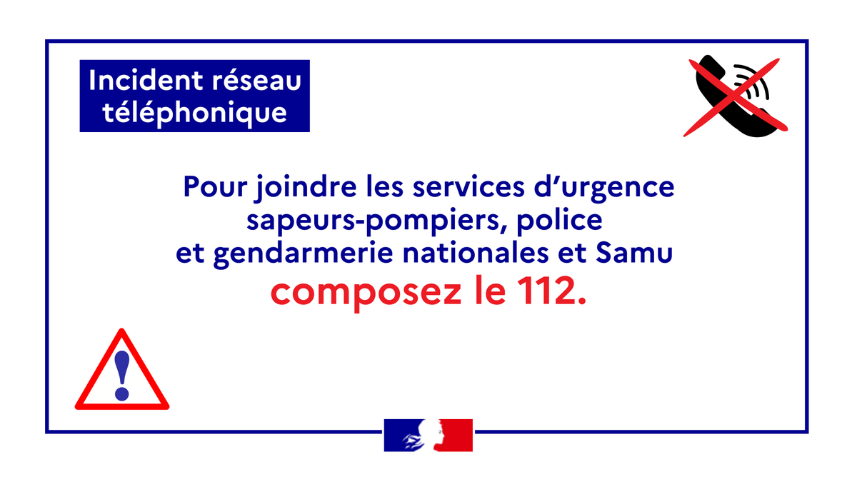 Préfet de Normandie et de la Seine-Maritime (@prefet76) on Twitter photo ⚠️ Incident téléphonique sur le réseau <a href="/Orange_France/">Orange France</a> 📵
Les communications téléphoniques fixes et portables sont très perturbées dans les secteurs de #Dieppe, #Yvetot, Le Tréport, Saint-Valery-en-Caux et Neufchâtel-en-Bray.
☎️ Pour joindre les services d’urgence ⚠️ Incident téléphonique sur le réseau <a href="/Orange_France/">Orange France</a> 📵
Les communications téléphoniques fixes et portables sont très perturbées dans les secteurs de #Dieppe, #Yvetot, Le Tréport, Saint-Valery-en-Caux et Neufchâtel-en-Bray.
☎️ Pour joindre les services d’urgence