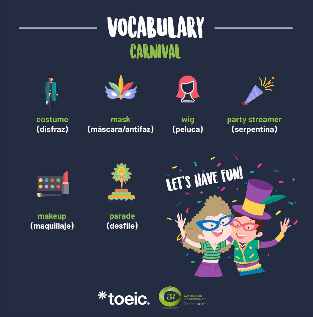 Capmantesting's tweet image. Carnaval🎉🎭 
.
.
.

#TOEIC #360LPT#CarnivalVibes #ParadeFun #ColorfulCostumes #MardiGrasMagic #englishvocabulary