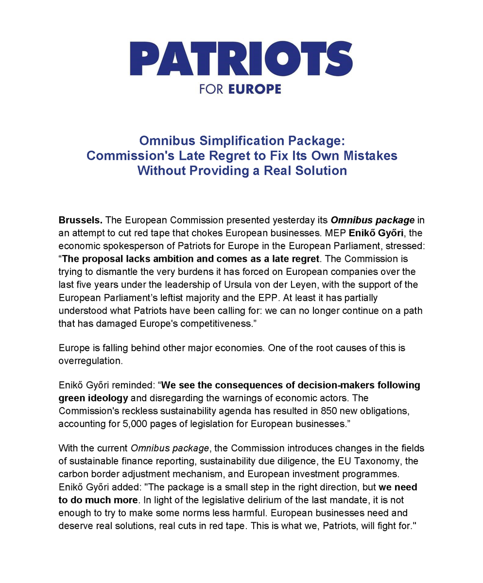 PatriotsEP's tweet photo. 🗣️ The EU Commission's Omnibus package is a late regret, not a real solution!

After 5 years of overregulation & green ideology, European businesses are drowning in 850 new obligations & 5,000 pages of legislation. Cutting red tape must be real, not cosmetic!

📉 #LessBureaucracy #MoreCompetitiveness #PatriotsForEurope