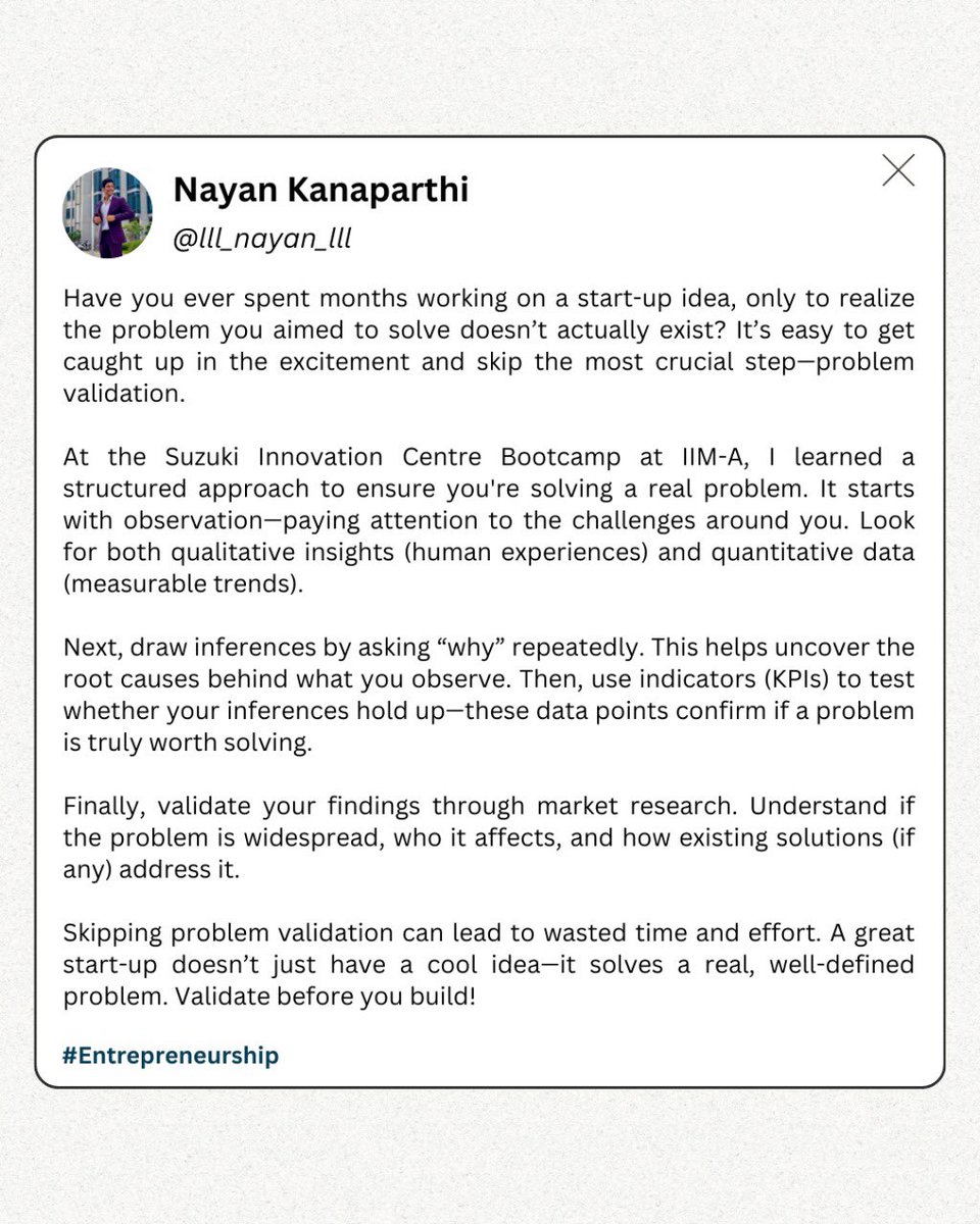 NayanKanaparthi's tweet image. A great startup isn’t built on ideas—it’s built on solving real problems. Validate before you build! 

#ProblemValidation #StartUpMindset #Startup #Entrepreneurship  #BusinessGrowth #StartupMindset #Innovation #BuildToSolve #MarketResearch #LeanStartup #BusinessStrategy