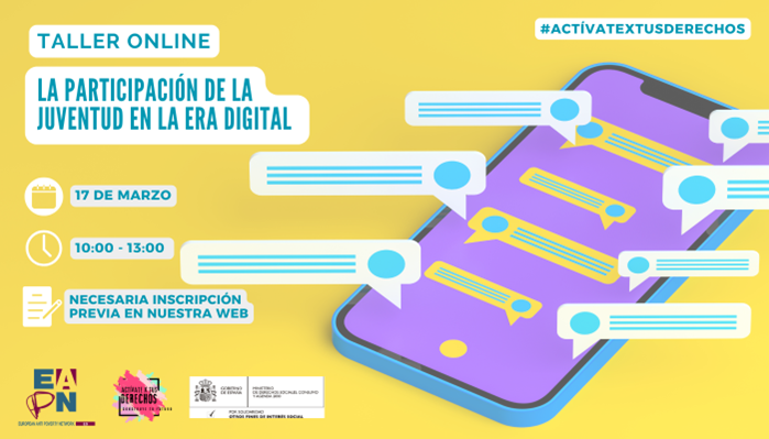 📲𝐏𝐀𝐑𝐓𝐈𝐂𝐈𝐏𝐀𝐂𝐈Ó𝐍 𝐉𝐔𝐕𝐄𝐍𝐈𝐋 𝐄𝐍 𝐋𝐀 𝐄𝐑𝐀 𝐃𝐈𝐆𝐈𝐓𝐀𝐋 🤳
📅 de marzo 10 h. 
📍 Modalidad Online
✅Organiza <a href="/EAPNes/">EAPN España</a>  <a href="/EapnLaRioja/">EAPN La Rioja</a> 
Reflexión y aprendizaje sobre nuevas narrativas y estrategias para la participación juvenil
➕ℹ️n9.cl/gjeb3 
#redsij