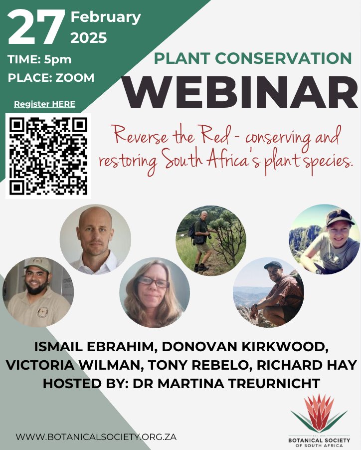 KirstenboschNBG's tweet image. Plant Conservation Webinar: Reverse the Red - Conserving and Restoring South Africa’s Plant Species taking place at 17h00 PM today. 

Click on the link to register: ow.ly/AYc650V7vrm 

#PlantConservation #ReverseTheRed #ConservationWebinar #CREW #BOTSOC #SANBI