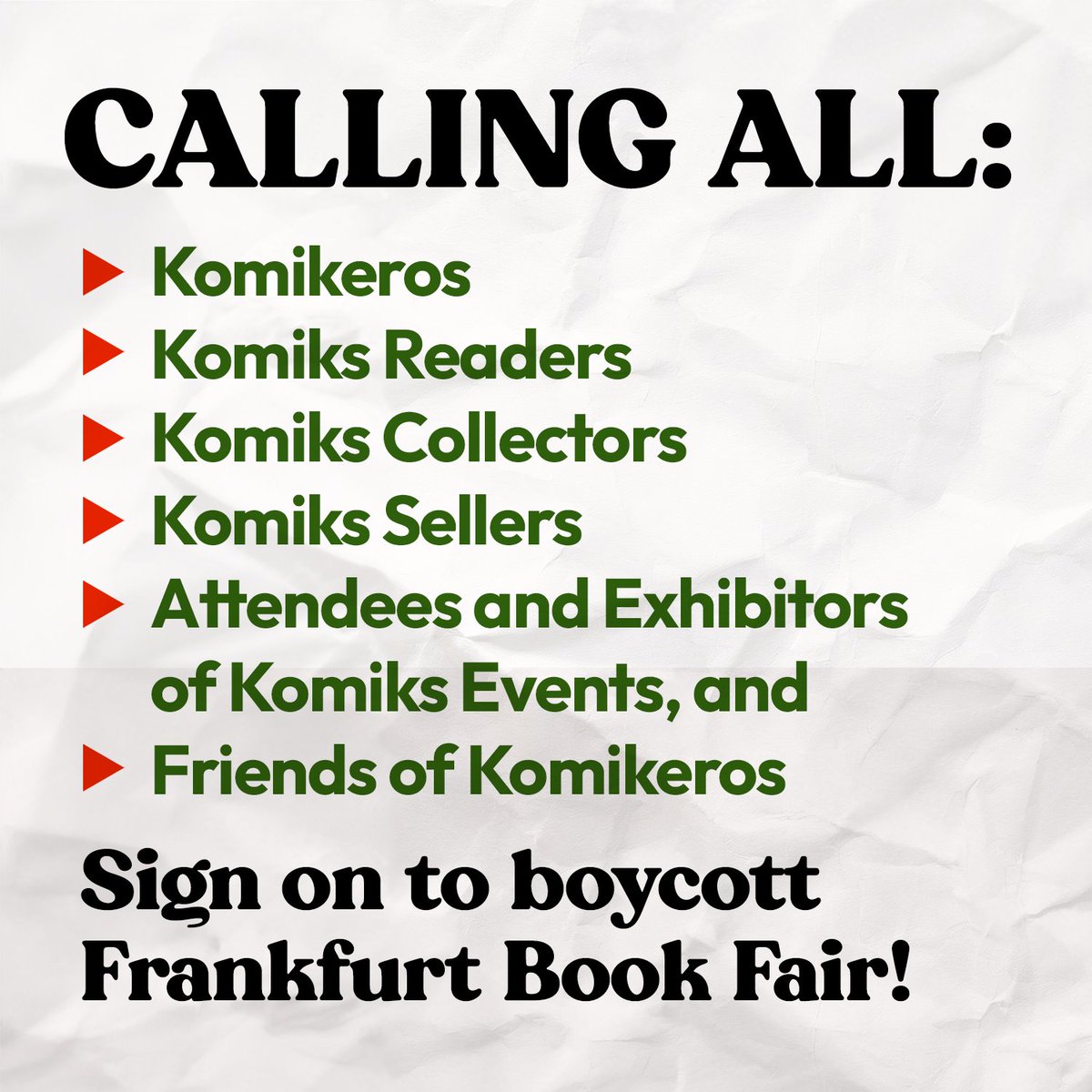 robcham's tweet photo. KOMIKS COMMUNITY, STAND WITH PALESTINE! 
Join the call to boycott the Frankfurt Book Fair!

 Read the full statement: https://t.co/48iTqBGuOD
  
SIGN on with us--open to komikeros, komiks readers, booksellers, everyone in the komiks community: https://t.co/WJ2Z8ZOKR3 https://t.co/ooNMwu5TLo