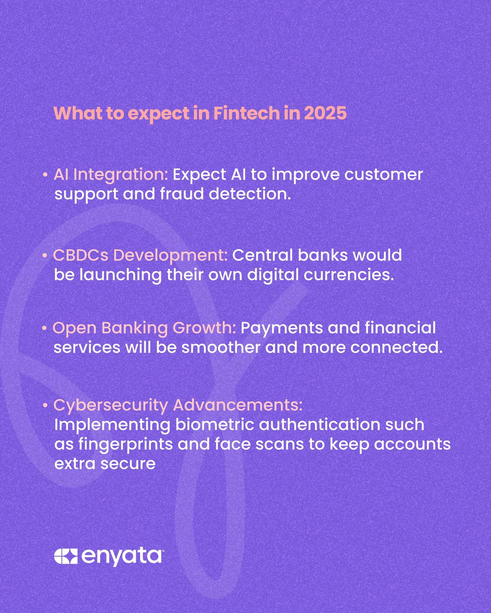EnyataHQ's tweet image. Fintech has come to stay because it’s made almost every part of our lives easier. 
As time goes on, Fintech is improving to make transactions more seamless. 

Here are some of the trends to expect from Fintech this year;

#enyata #fintechdevelopment #softwaredevelopmentcompany