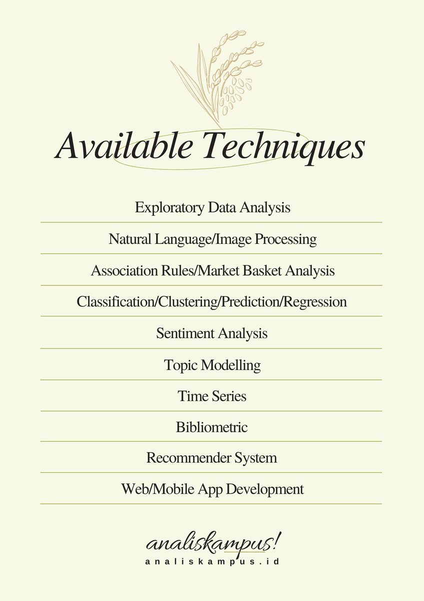 analiskampusid's tweet image. JASA DATA MINING🟢

Scraping/crawling (twitter, youtube, etc)
Preprocessing/cleaning
Analysis/modeling
Evaluation/performance
Optimization

Rstudio, Google colab, AI Studio, Orange, etc

WA @ Bio
#jokitugas #jokipython #jasaolahdata #jasaanalisisdata #jasapython #jokidatamining