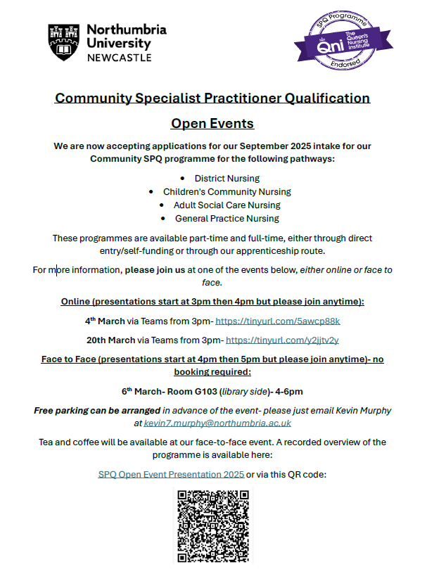 Community SPQ (with pathways):

Applications are now open for this years community SPQ, for:
- District Nursing
- Community Children's Nursing
- Adult Social Care Nursing
- General Practice Nursing

Please come to an open event below for more information or scan the QR code.