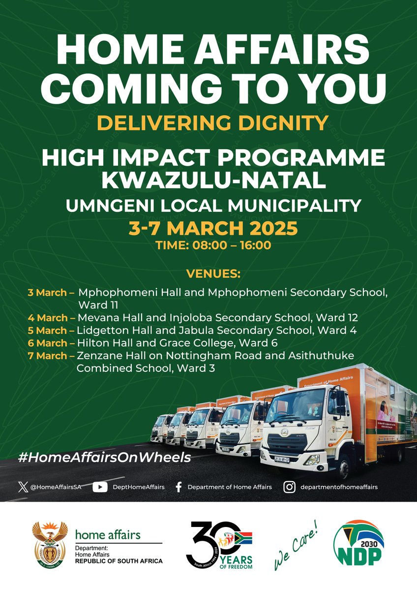 Home Affairs will be in the Umngeni, KZN area from 3-7 March 2025 #HomeAfairsOnWheels #DHAServiceDelivery #TeamHomeAffairs