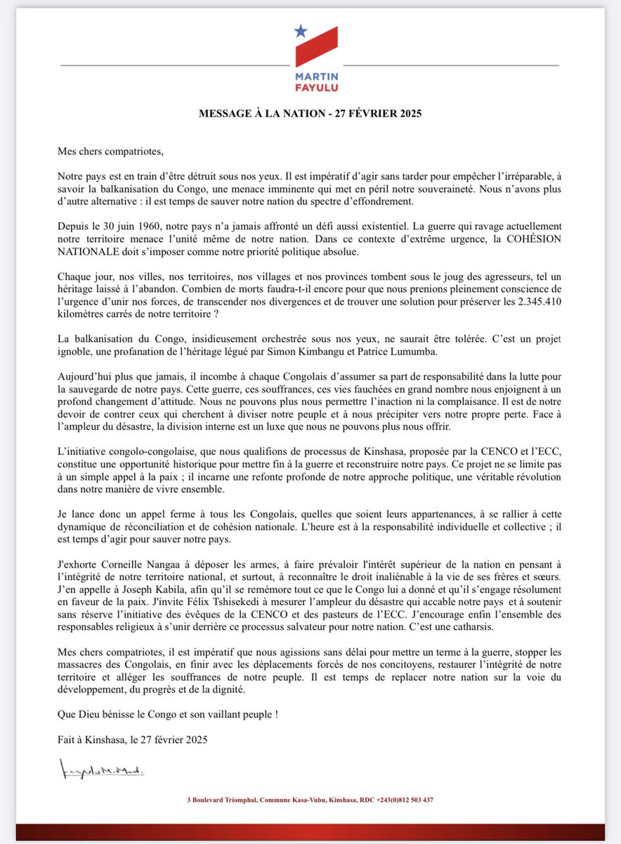 MESSAGE À LA NATION DU PRÉSIDENT MARTIN FAYULU.