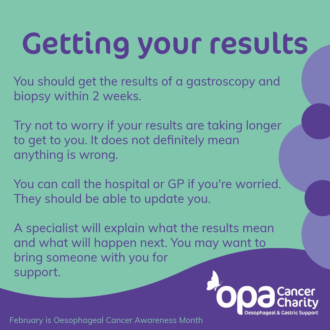OPA_UK's tweet image. Getting your results from your Gastroscopy.

Information from NHS.

#OesophagealCancerAwarenessMonth #GetHelp #GetTreated #GetSupport #Jointhefight #EarlyDetection