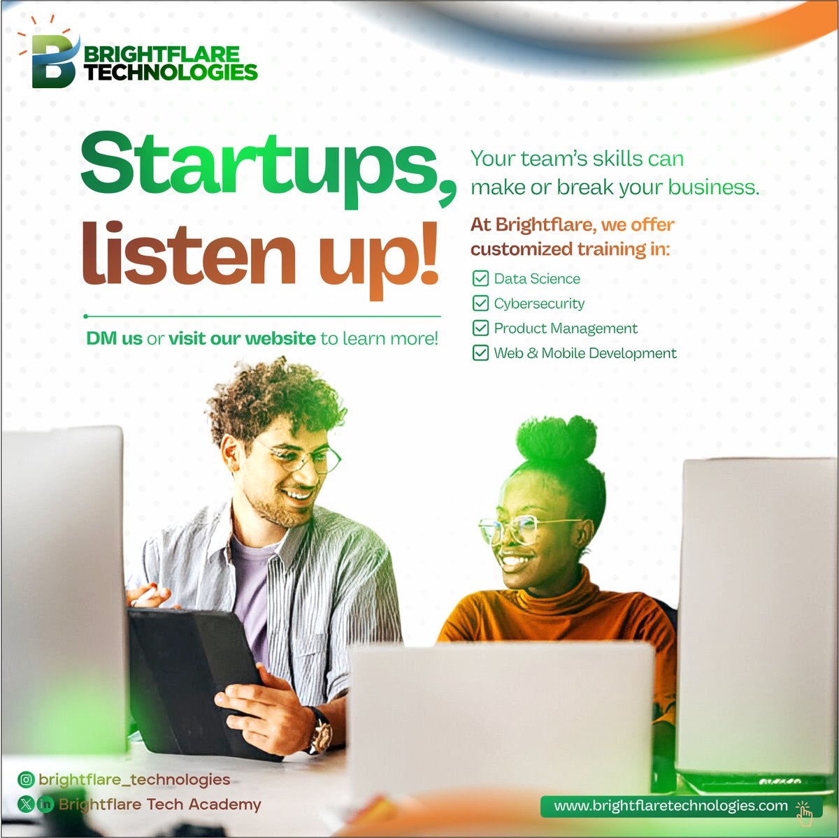 BrightflareTech's tweet image. Startups, listen up!  
Your team’s skills can make or break your business.

@BrightflareTech  customized training helps startups scale smarter with tech skills in Data Science, Cybersecurity &amp;amp; more.

 Invest in your team today! DM us to learn more.

#TechForStartups