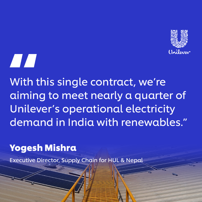 Unilever's tweet photo. We’re partnering with our collaborative manufacturers in India to tackle climate change and increase renewable energy use. Learn how a joint power purchase agreement offers a new way to cut value chain emissions and achieve 25% cost savings on electricity. 

#Unilever