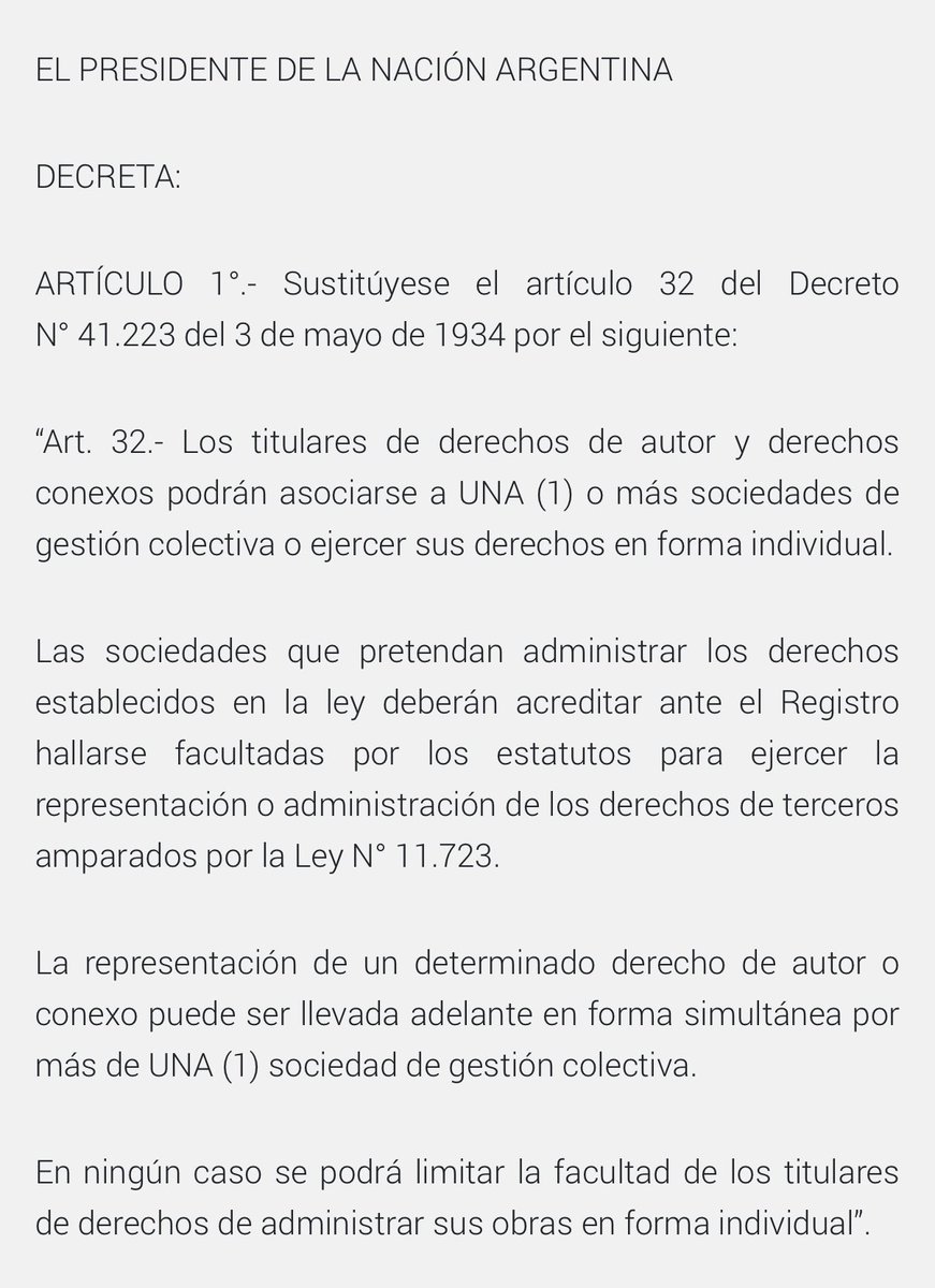 Por decreto, desde hoy se le quita poder a las sociedades de gestión colectiva SADAIC, SAGAI, AADI-CAPIF, DAC y ARGENTORES.

Los artistas pueden cobrar derechos directamente, ser representados por estas sociedades u otras que surjan. Se las obliga a repartir el dinero recaudado.