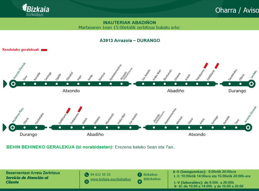 Bizkaibus (@bizkaibus) on Twitter photo #abisuaBZK <a href="/aytoabadiano/">Abadiñoko Udala</a> Martxoaren 1ean A3913 linearen aldaketak Abadinoko Inauteriak direla eta. (2/4) #abisuaBZK <a href="/aytoabadiano/">Abadiñoko Udala</a> Martxoaren 1ean A3913 linearen aldaketak Abadinoko Inauteriak direla eta. (2/4)