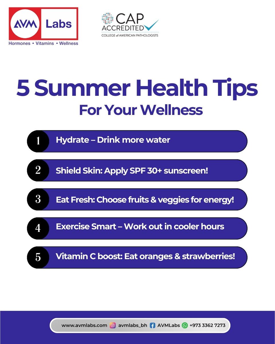 avmlabsbh's tweet photo. ☀️ Seasonal Health Tips: Stay Healthy This Coming Summer! ☀️

Summer is all about fun in the sun, but it’s also important to stay healthy! https://t.co/CBmjJnKWCI