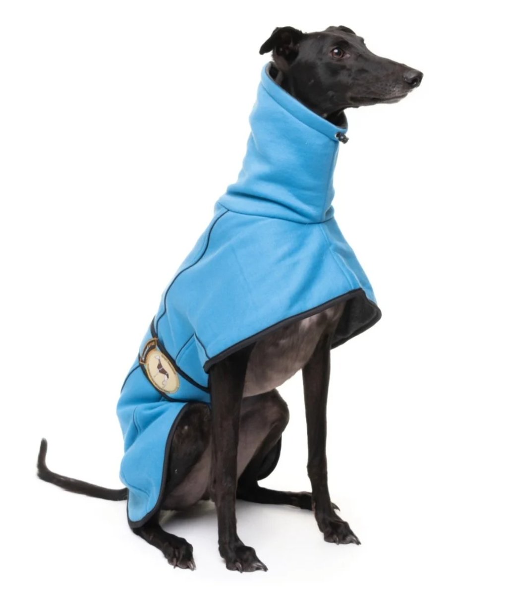 On sale now 🔔🔔🔔
Sky Blue jersey housecoat 
Avaliable in greyhound 25" and whippet size 19"
Harness &amp; lead slots
Dark Navy piping &amp; trim. Mid-length collar that can be turned over to show the sporty grey lining.
Gorgeous jersey fabric, not fluffy fleece but smooth &amp; cool touch,