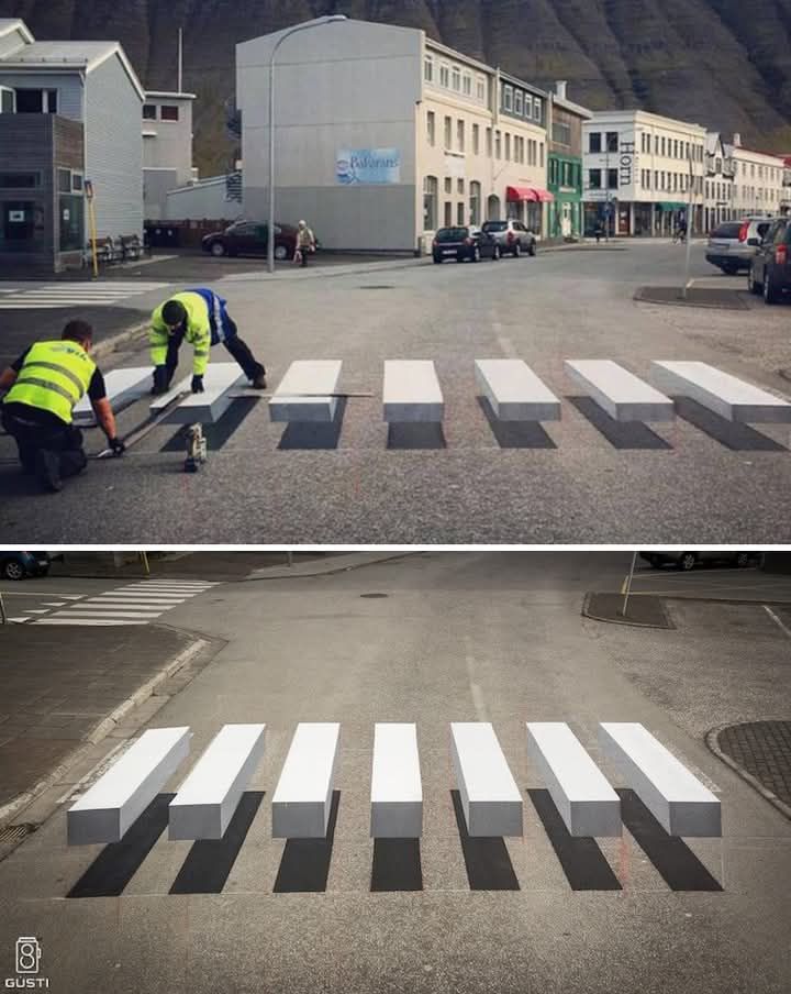 This 3D crosswalk in Iceland slows down traffic with a stunning optical illusion.  Smart! 🧠