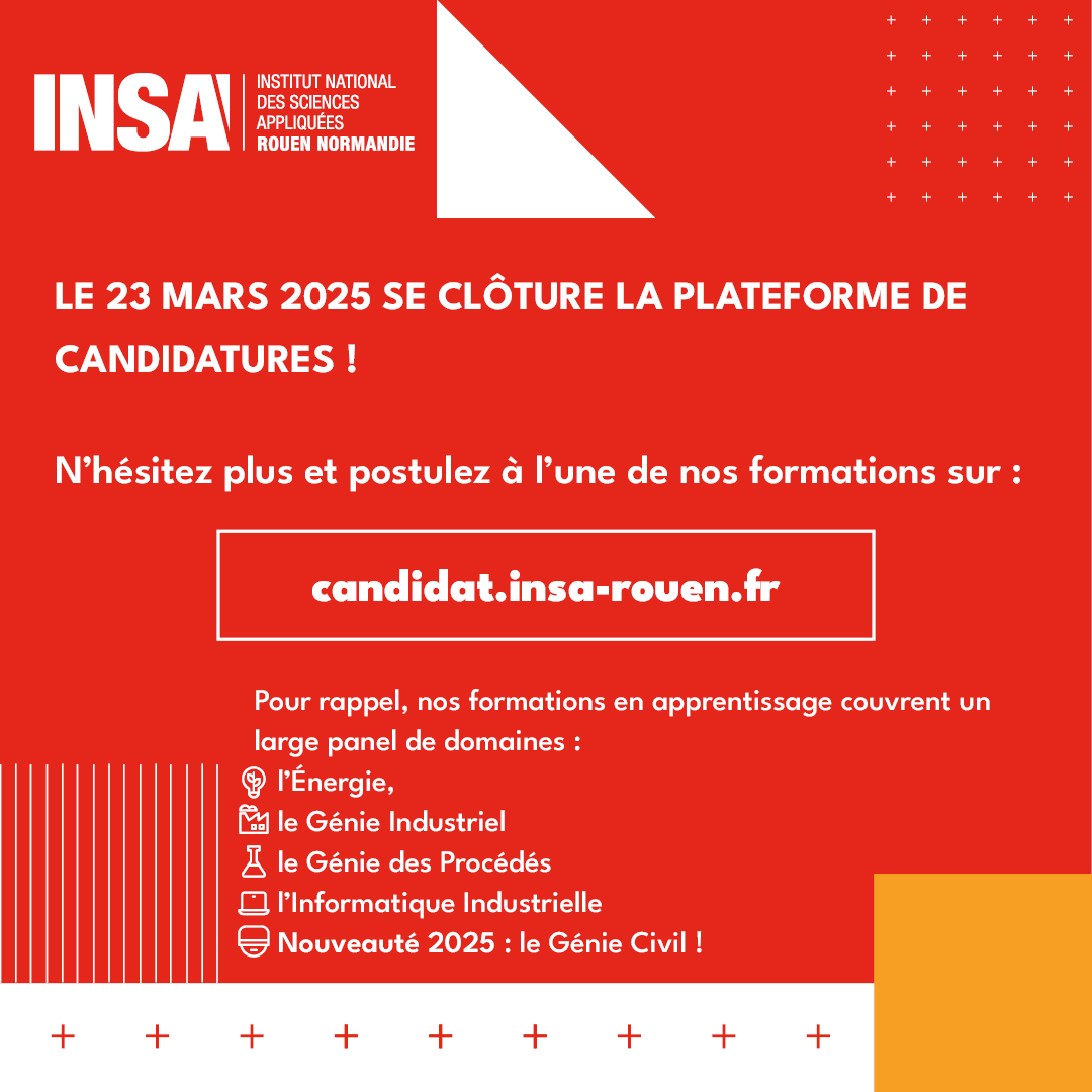 INSA Rouen Normandie (@insarouen) on Twitter photo Dernière chance pour candidater !
Il ne reste qu’un mois pour postuler aux formations par apprentissage de l’ <a href="/insarouen/">INSA Rouen Normandie</a>. Complétez votre dossier et préparez votre avenir dans une école d’ingénieurs d’exception. Dernière chance pour candidater !
Il ne reste qu’un mois pour postuler aux formations par apprentissage de l’ <a href="/insarouen/">INSA Rouen Normandie</a>. Complétez votre dossier et préparez votre avenir dans une école d’ingénieurs d’exception.