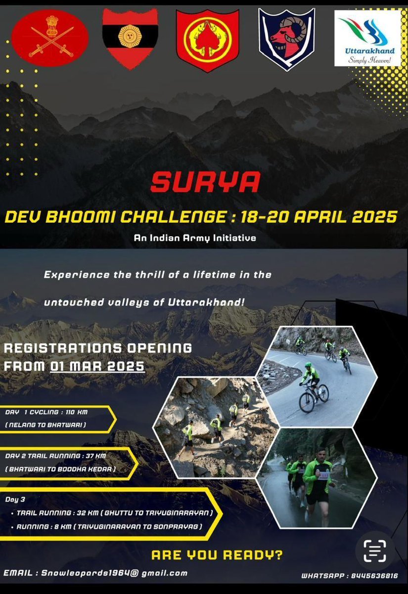 PRODefDehradun's tweet photo. #SuryaDevbhoomiChallenge 2025 is here! 🏔️🚴
✅ From 18-20 Apr 2025.
🏃 Run, Cycle and Trail Run.
🏔️ 187 km - From #Nelang to #Sonprayag along the #CharDham route.
✅ Epic landscapes, Ultimate endurance test.
✅ Are you ready?
🗓️ Registrations open on 01 Mar 2025!
@UKTourism https://t.co/sddbaeS3st