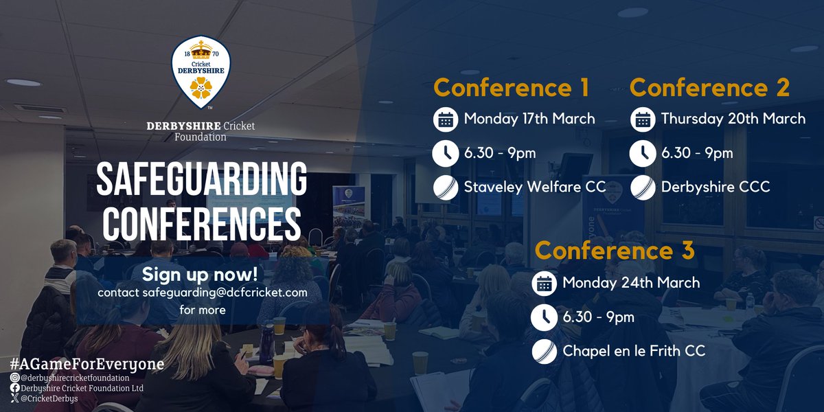 🚨Safeguarding Conferences🚨

These are important networking and information-sharing events and we request that all club Chairs and
CSO's attend where possible.

We have 3 dates at <a href="/StaveleyWelfare/">Staveley Welfare CC</a>, <a href="/DerbyshireCCC/">Derbyshire CCC</a>, and <a href="/Chapelcricket/">Chapelcricketclub</a> in March!

Sign up⤵️
forms.office.com/e/0TK0xXcRCp