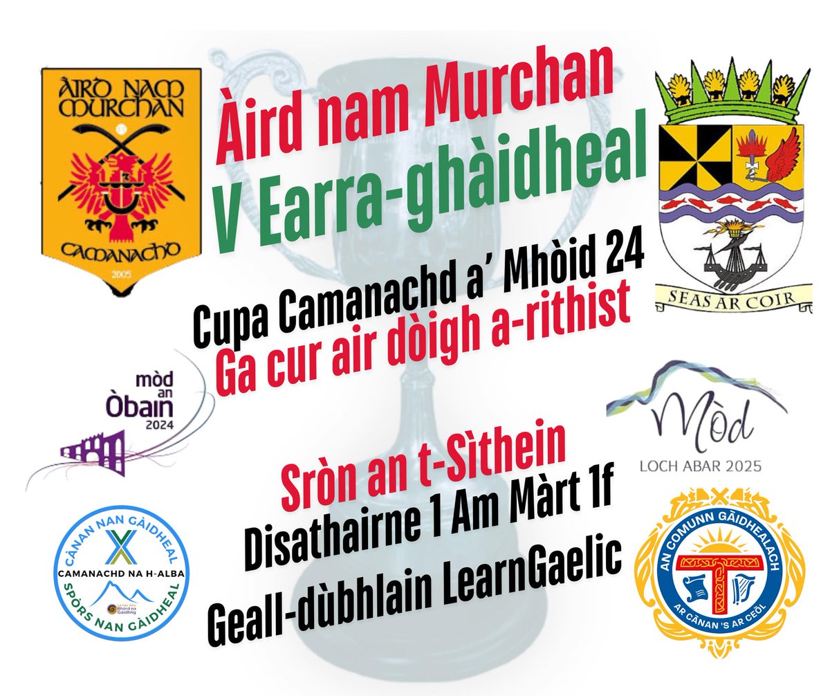 Geama Camanachd air leth air fàire Disathairne sa tighinn, a bha còir tachairt seachdain a’ Mhòid an-uiridh.
¦ Fantastic shinty match coming up this Saturday that was originally scheduled to take place during Mòd week last year. <a href="/camanachd/">Shinty</a> <a href="/LearnGaelicScot/">LearnGaelicScot</a>