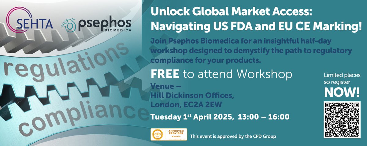 Join us for our next 1/2 day workshop with
<a href="/SEHTA_UK/">SEHTA UK</a> to unlock Global Market Access: Navigating US FDA and EU CE Marking &amp; demystify the path to #regulatory #compliance for your products.
👉 1st April 2025, London - FREE TO ATTEND bit.ly/4flUEJU #medtech #healthtech