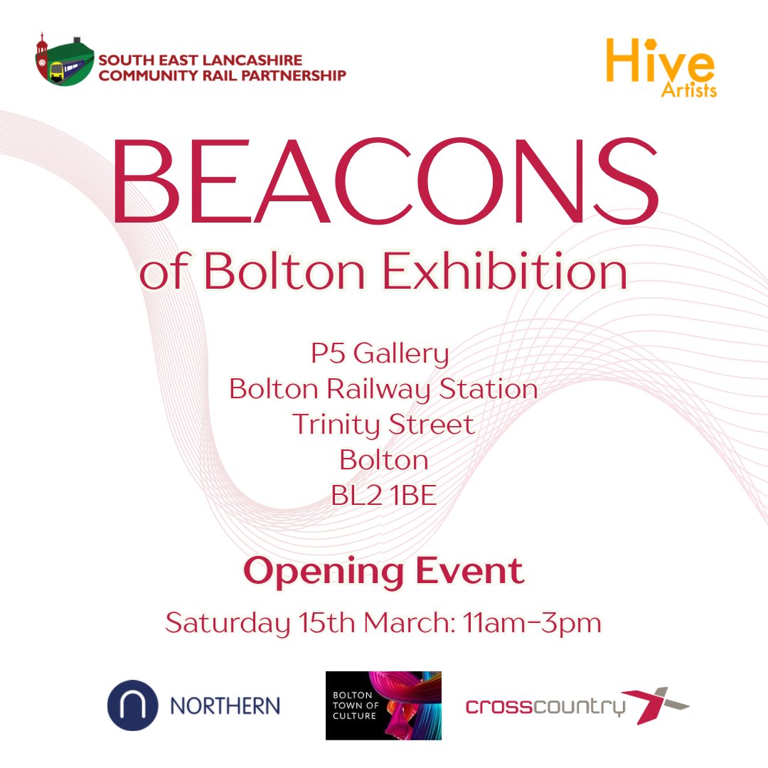 ❗️Beacons of Bolton Exhibition Launch Event❗️ - part of the Bolton Town of Culture gala 

Saturday 15th March: 11am-3pm 

Project funded by <a href="/northernassist/">NORTHERN 🚆</a> <a href="/CrossCountryUK/">CrossCountry Trains</a> and Bolton Town of Culture in collaboration with Hive Artists CIC