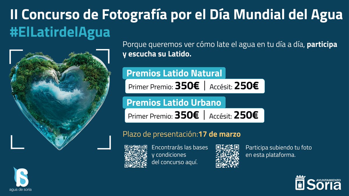 📷 El agua tiene latido… ¡y queremos que lo captures! Aguas de Soria y <a href="/Ayto_Soria/">Ayuntamiento de Soria</a>  te invitan al #IIConcursodeFotografíaDíaMundialdelAgua: #ElLatirDelAgua.  Este año, tenemos 2 categorías y dos premios para cada una.

Envíanos tu participación📷