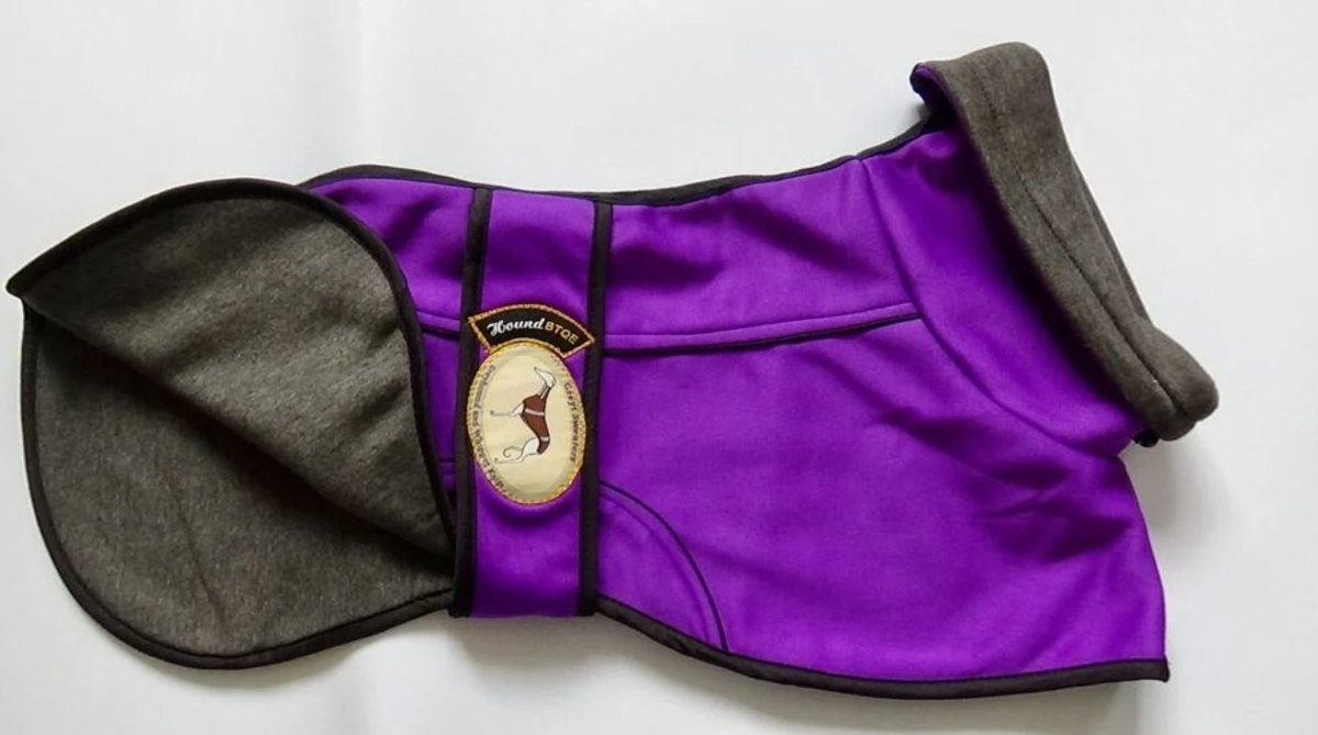 Now on sale 🔔🔔🔔
Purple  Jersey house coat only X1 23" whippet size remaining
Slot in collar for lead attachment, &amp; also a Harness Slot. 
Dark Navy piping &amp; trim. Mid-length collar that can be turned over to show the sporty grey lining.
Gorgeous jersey fabric, not fluffy fleece