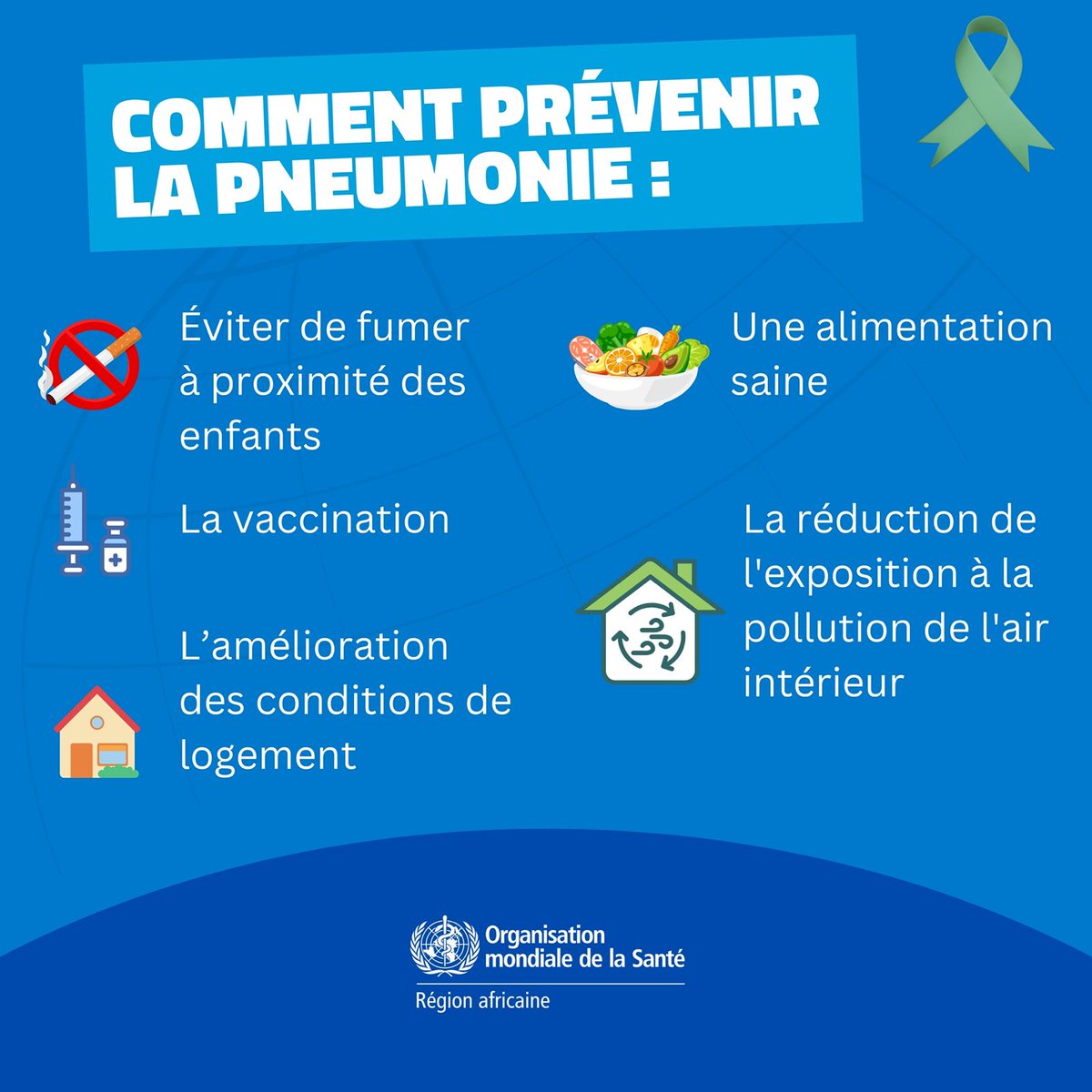 La #pneumonie est l'une des principales causes de maladie et de décès chez les enfants de moins de 5 ans, mais elle peut être évitée.

Voici des mesures de prévention :

💉 La vaccination
🥦 Une alimentation saine, y compris l'allaitement maternel
🌫️ La réduction de l'exposition